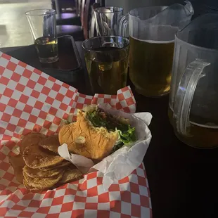 Cheese burger meal with ultra beer pitchers