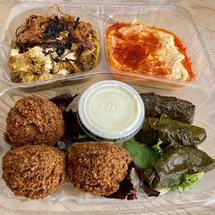 Eggplant Dip Falafel Dolmeh Hummus sampler