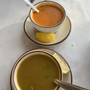 two bowls of soup on a table