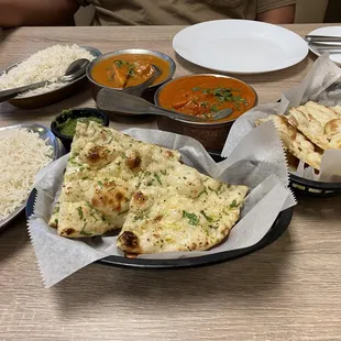 Garlic naan, regular naan, chicken tikka masala and chicken makhani (aka: butter chicken)... soooo good!