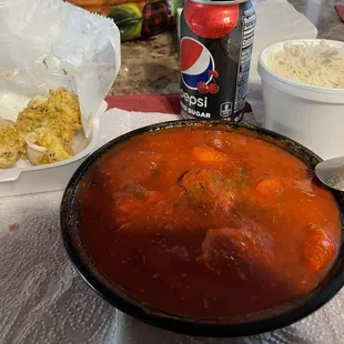 Calamari, shrimp vindaloo with rice.