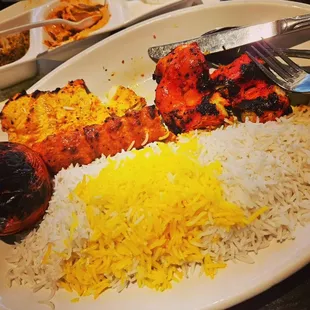 Chicken soltani on the left, boneless chicken kabob on the right