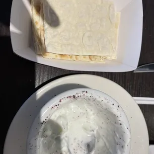 Cucumber Yogurt Sauce &amp; Bottomless Flatbread (wouldn&apos;t call it pita bread because it&apos;s way thinner)