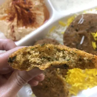 Falafel, inside (4/5). So delicious. Thin crispy layer outside, moist and fluffy inside.