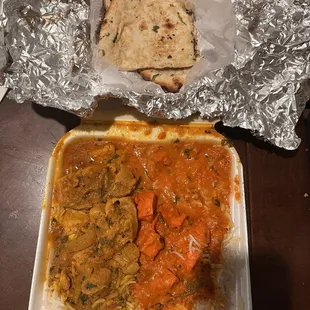 Garlic naan bread, Chicken Tikka and chicken curry.