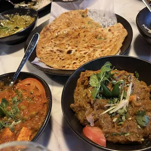 Mutter Paner, Baigan Bartha, Lamb Saag, Aloo paratha