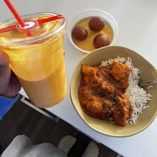 Mango lassi, gulab janum, and rajasthani chicken. 10/10 for all three items