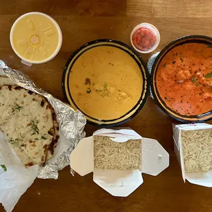 Garlic Naan, Mango Lassi, Butter Chicken, Chicken Tikka Masala