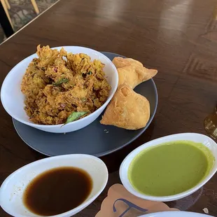 Onion Pakora and Veg Samosas with Tamarind sauce