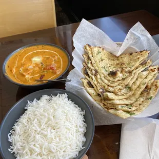 Chicken Tikka Masala, Basmati Rice, and Garlic Naan