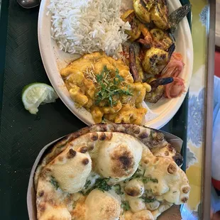 Garlic Naan with Shrimp Kebab platter with Tikka Mac &amp; Cheese &amp; Basmati Rice