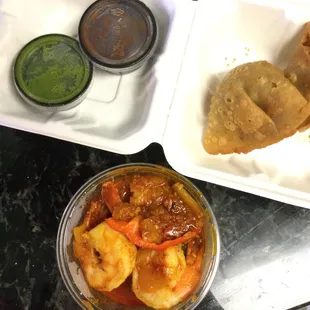 Takeout - keema samosa, honey garlic shrimp