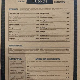 Lunch Bento Box menu