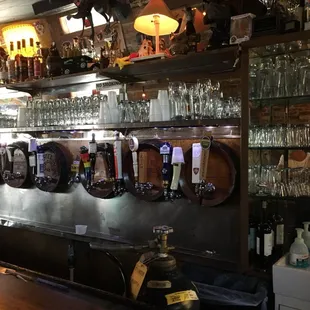 a row of beer taps in a bar