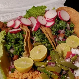 Chicharrón tacos with beans and rice...and nopalitos