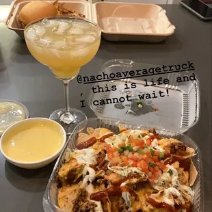 BBQ Pork Nachos, Queso and the pineapple jalapeño margarita kit (with tequila added at home )