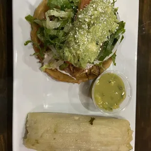 Carnita Sope &amp; Chicken Tamale with green sauce + Mexican Coca Cola