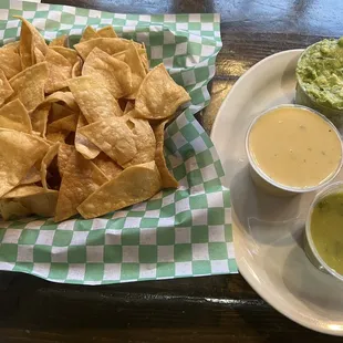 Chips with guacamole, queso and salsa. Excellent! 10/19