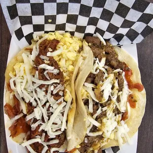 Brisket and Asada tacos w egg &amp; cheese