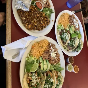 three plates of mexican food