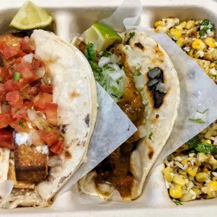 smoked tofu taco, chorizo taco, and street corn.  All delicious.