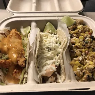 Taco Combo $10 Fish and Steak tacos with Street Corn side