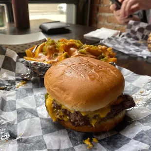 a cheeseburger and french fries