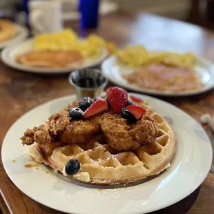 Chicken &amp; Waffles* Side of scrambled eggs and hash browns.