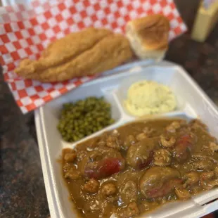 a meal in a styrofoam container