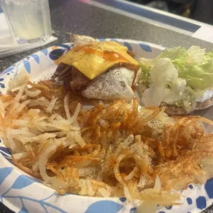 Egg bacon cheese, LTM on English muffin,hash browns