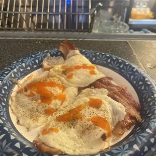 Eggs bacon hot sauce