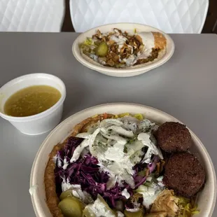 Chicken Shawarma Hummus Bowl, Falafel, Lentil Soup