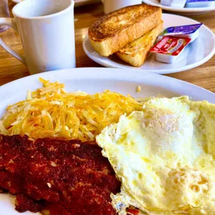 Corned Beef Hash, Eggs, Italian Toast, and Coffee