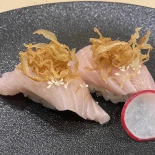 Albacore Belly Sushi / Garlic ponzu fried Onion