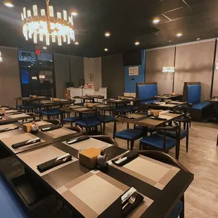 the dining room and the chandelier