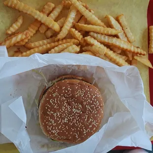 a hamburger and french fries