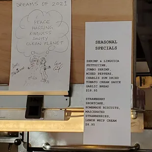 Seasonal menu (as of May 2021) and cool doodles/signage