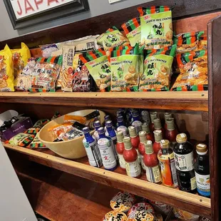 a shelf full of snacks