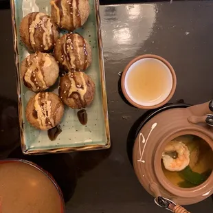 Takoyaki, miso soup, dobin mushi