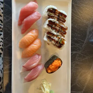 Eel Cucumber Roll, Smelt Roe Nigiri, Tuna Tuna Nigiri Sampler