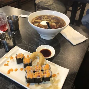 Sushi and onion teriyaki Ramon bowl.... Phenomenal.