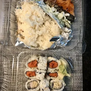 Salmon and 2 rolls lunch.  Miso included but not pictured