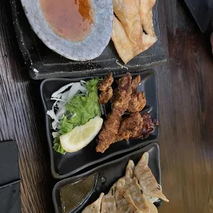 Gyoza, chicken and cheese rangoons