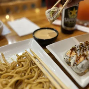 Noodles Side and Spicy Crab Meat Roll