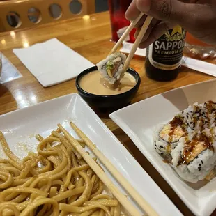 Noodles Side and Spicy Crab Meat Roll