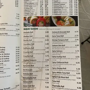 the menu of the restaurant