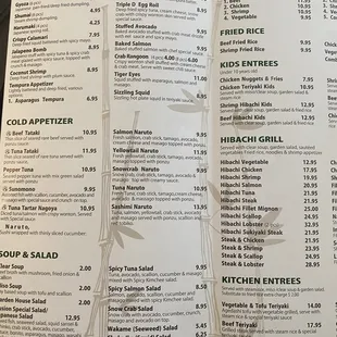 the menu of the restaurant