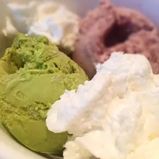 Red Bean and Green Tea ice cream, deliciously paired with whip cream!