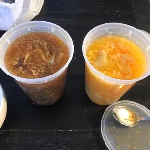 Left, hot sour soup. Right, egg drop Wonton and Egg Drop Soup