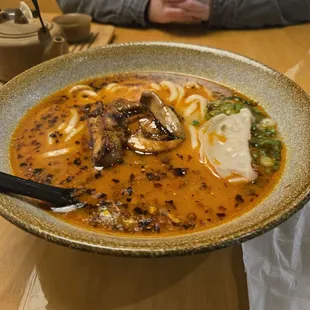 Customized miso ramen, with udon noodles, heat level 3 (it was spicy), and chicken.